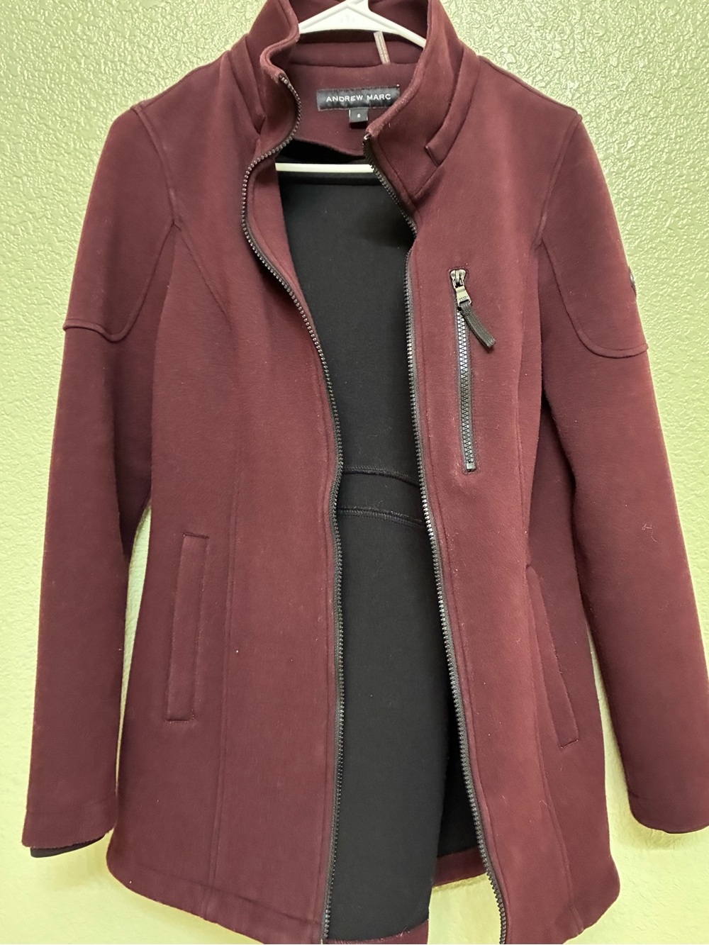 Andrew Marc Burgundy Zip-Front soft shell stretch coat with 58% cotton